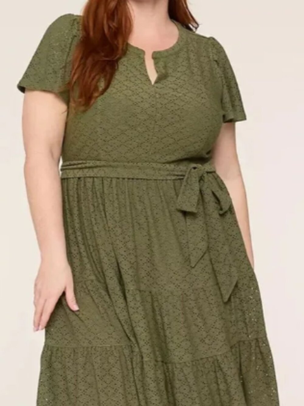 Lane Bryant Knit Eyelet Split-Neck Dress Olive Green Size 14 16